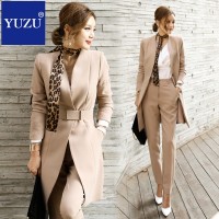 Pant Suits For Women Blazer Set Autumn Lady Business Office Work Korean Style Uniform V-neck Long Jacket